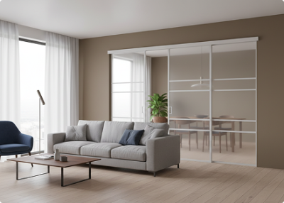 Элеганс (двойное полотно с проемом) белый профиль матовое стекло