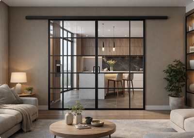 Элеганс (двойное полотно с проемом) черный профиль прозначное стекло