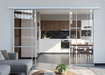 Элеганс (двойное полотно с проемом) белый профиль прозначное стекло